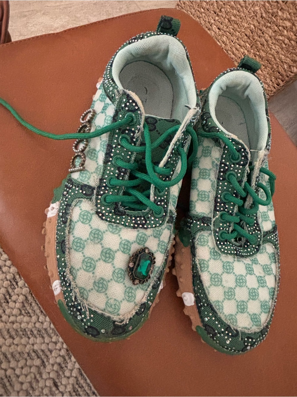 Embellished Green Patterned Athletic Sneakers - unisex